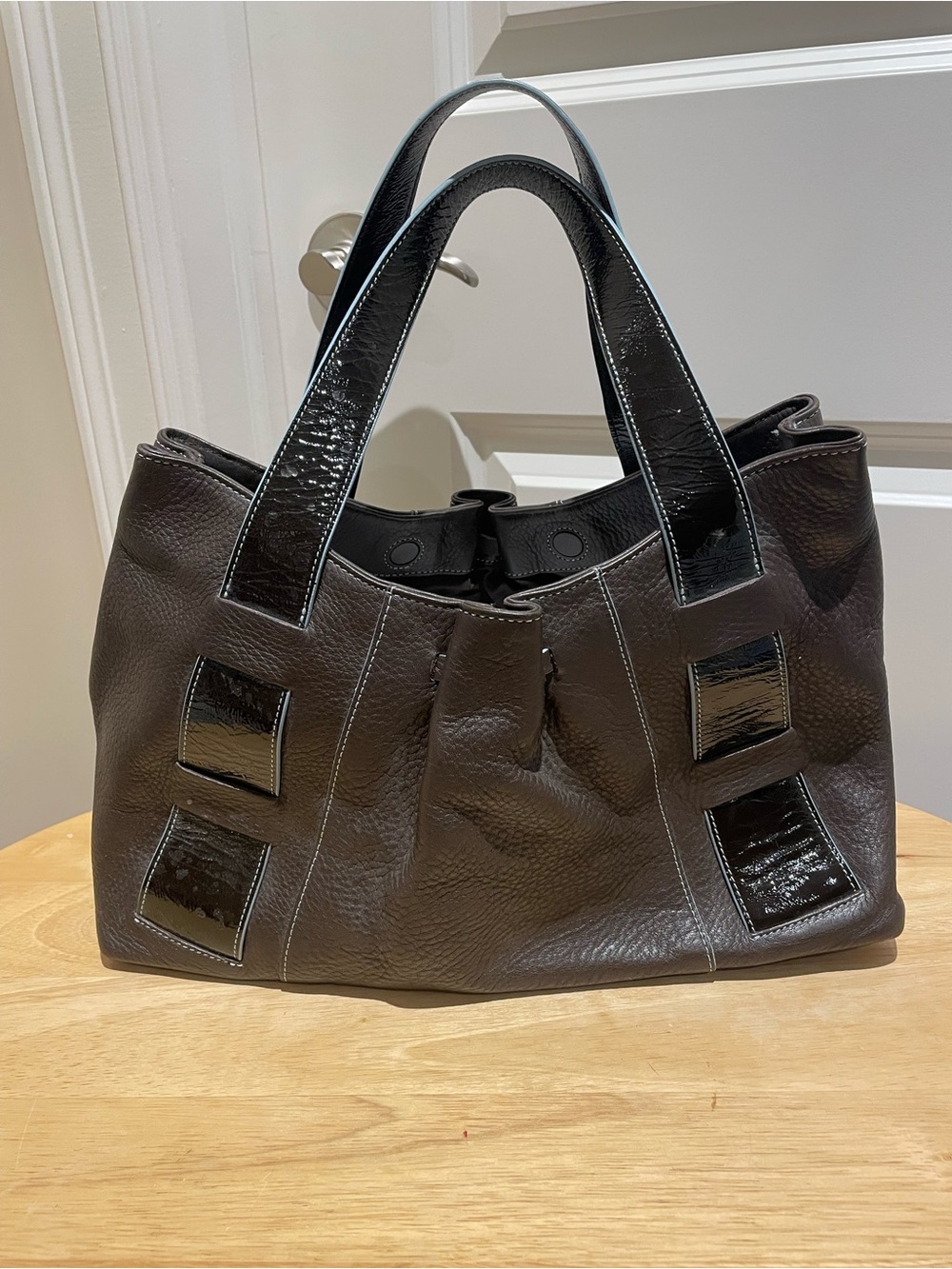 Kenneth Cole Dark Brown Leather Tote with Patent Trim